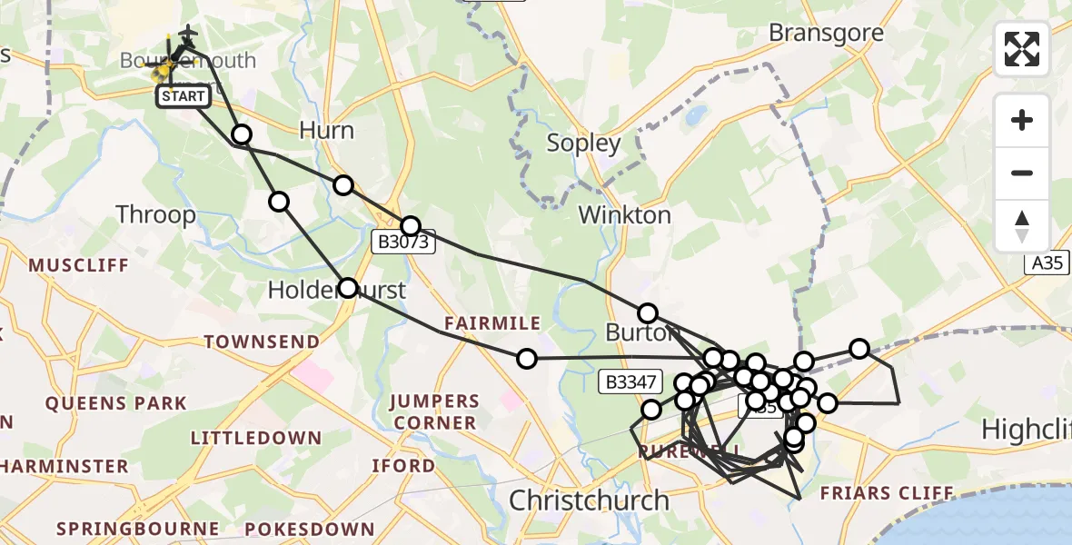 Flight path map showing Police Helicopter route from Bournemouth Airport to Bournemouth Airport