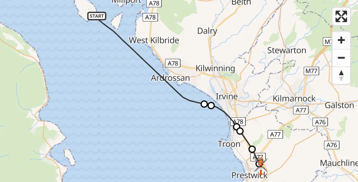 Flight path map showing Coastguard Helicopter route from Inner Seas to Glasgow Prestwick Airport