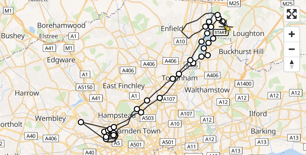 Flight path map showing Police Helicopter route from Greater London to Sewardstonebury