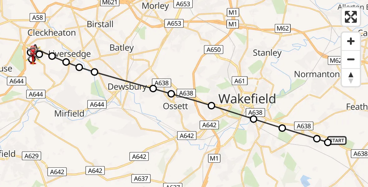 Flight path map showing Air Ambulance Helicopter route from YAA Nostell Helicopter Port to Windy Bank