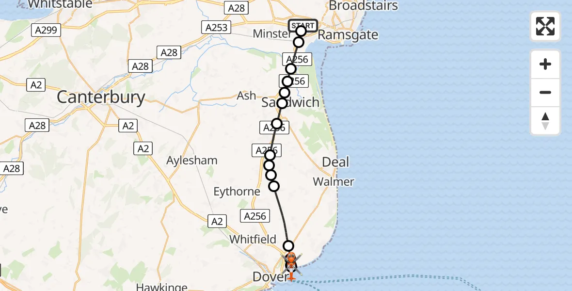 Flight path map showing Coastguard Helicopter route from Manston Airport to Langdon Battery Heliport