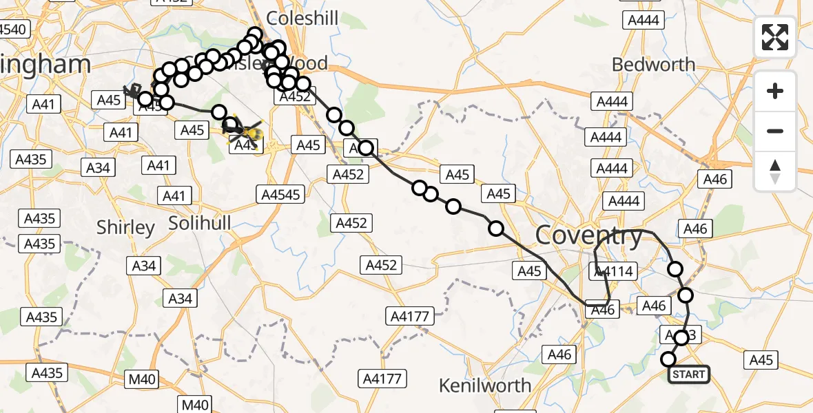 Flight path map showing Police Helicopter route from Rugby to Birmingham Airport