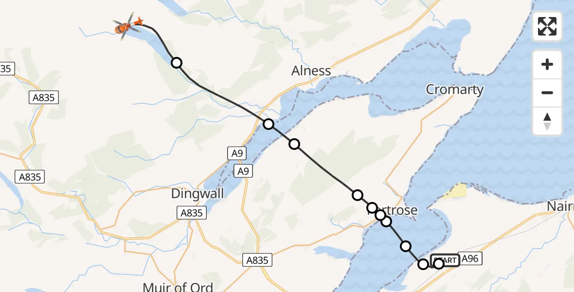 Flight path map showing Coastguard Helicopter route from Inverness Airport to Boath
