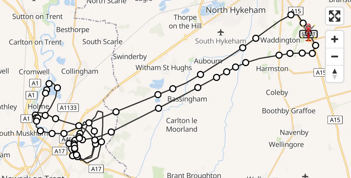 Flight path map showing Air Ambulance Helicopter route from RAF Waddington to North Kesteven