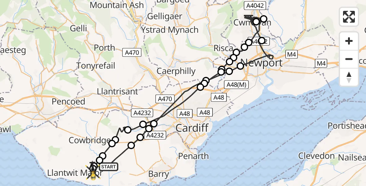 Flight path map showing Police Helicopter route from Llancarfan to MOD St Athan