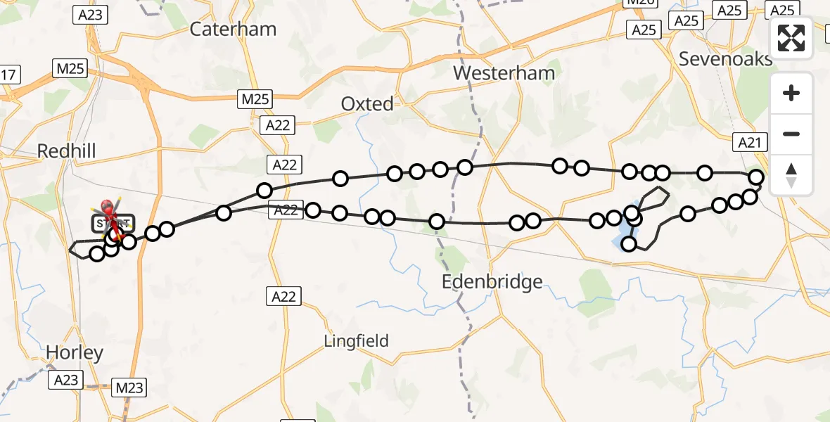 Flight path map showing Air Ambulance Helicopter route from Redhill Aerodrome to Redhill Aerodrome