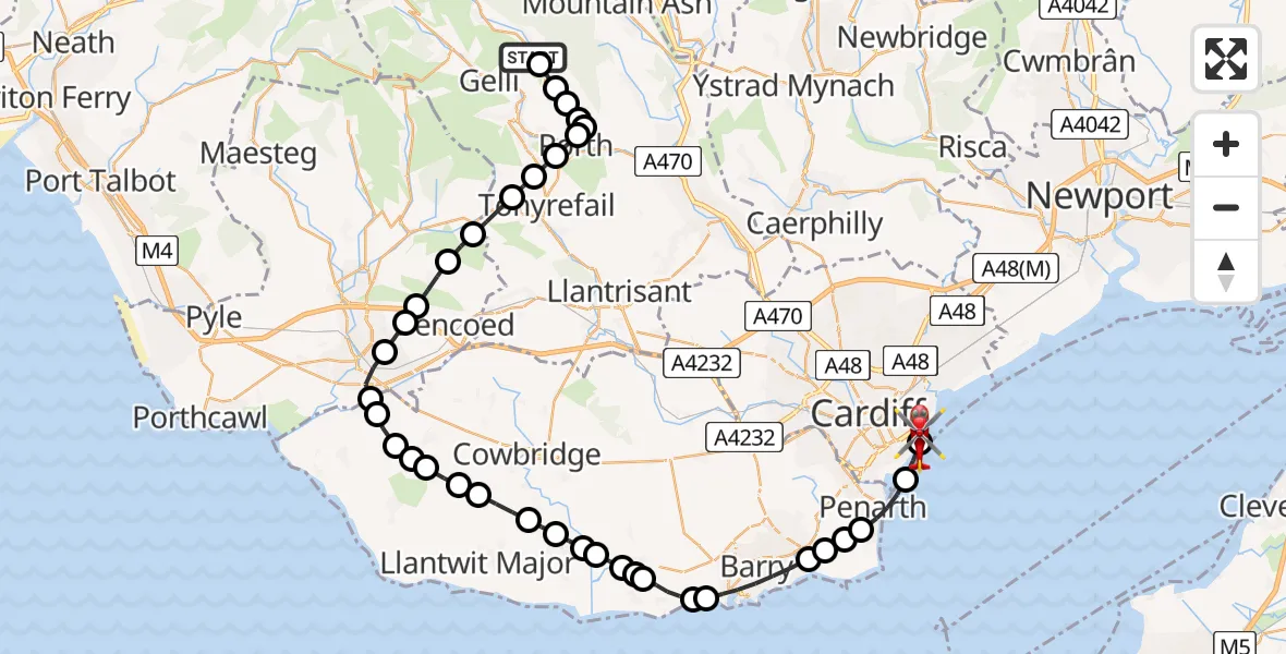 Flight path map showing Air Ambulance Helicopter route from Ferndale to Cardiff Heliport