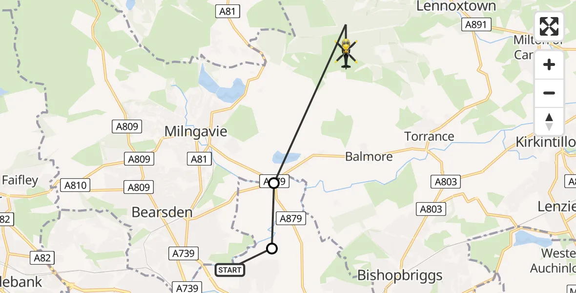 Flight path map showing Police Helicopter route from Bearsden to Milngavie