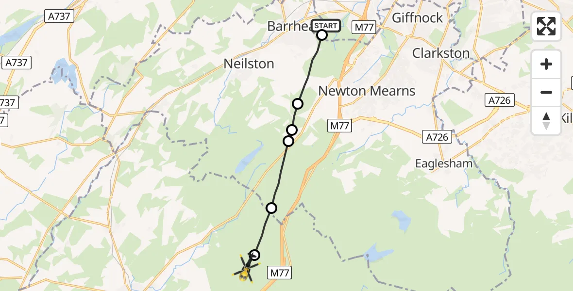 Flight path map showing Police Helicopter route from Glasgow to Waterside