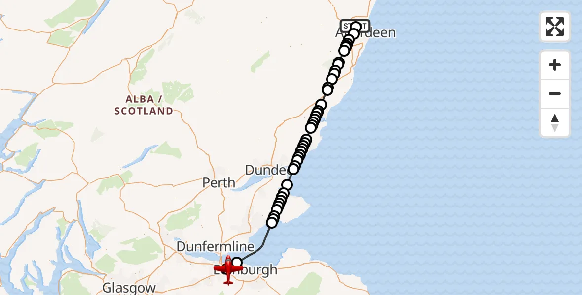 Flight path map showing Air Ambulance Aircraft route from Aberdeen International Airport to Edinburgh Airport