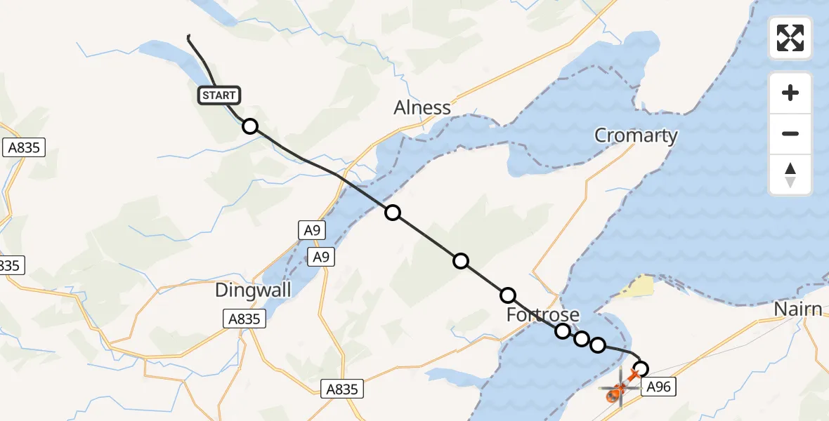 Flight path map showing Coastguard Helicopter route from Boath to Inverness Airport