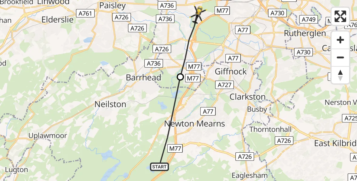 Flight path map showing Police Helicopter route from Newton Mearns to Glasgow