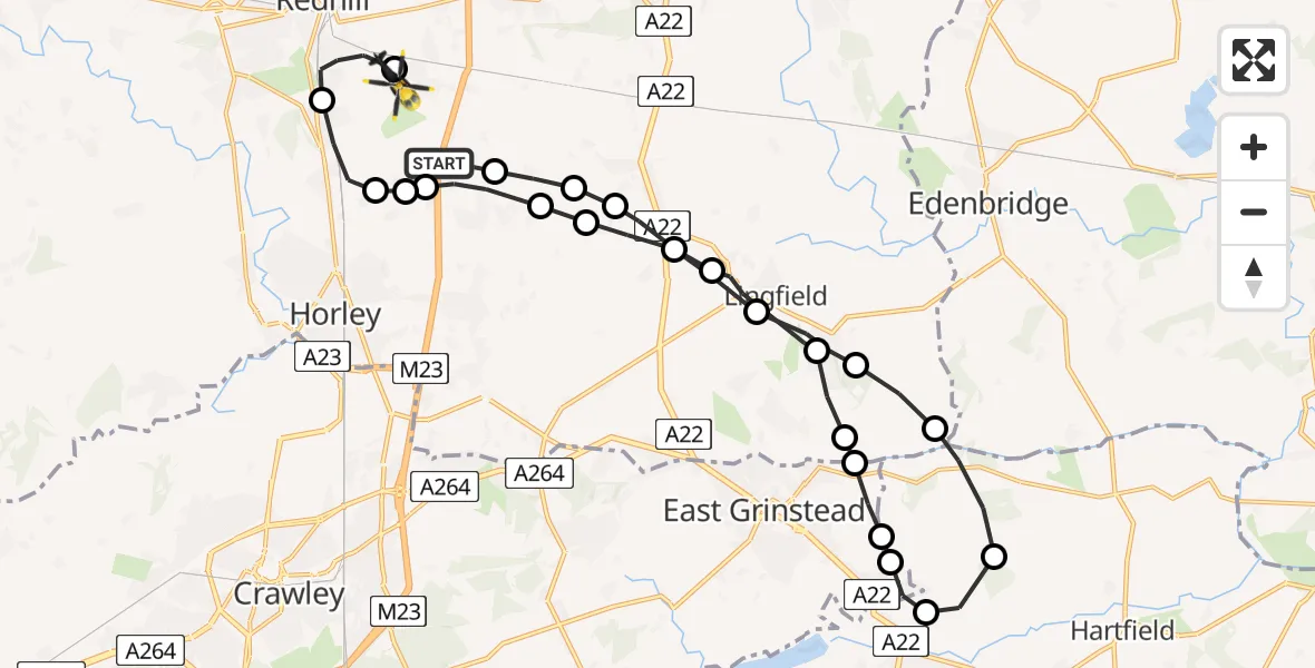 Flight path map showing Police Helicopter route from South Nutfield to Salfords