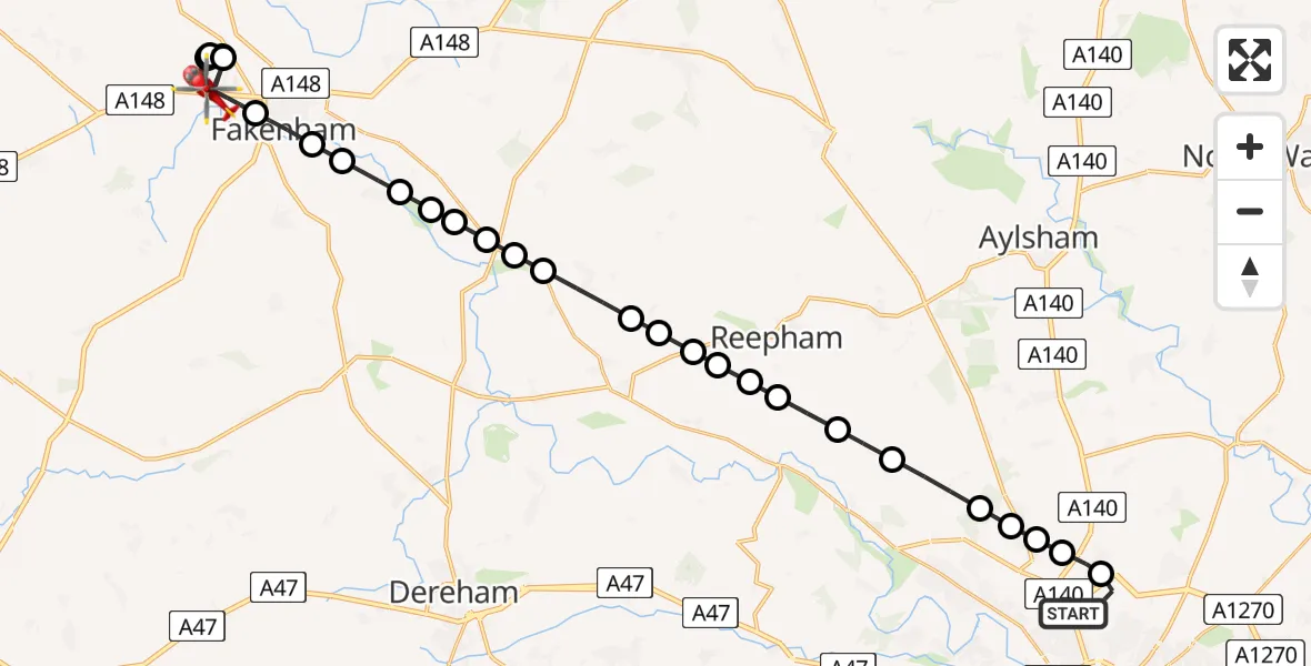 Flight path map showing Air Ambulance Helicopter route from Norwich Airport to Sculthorpe