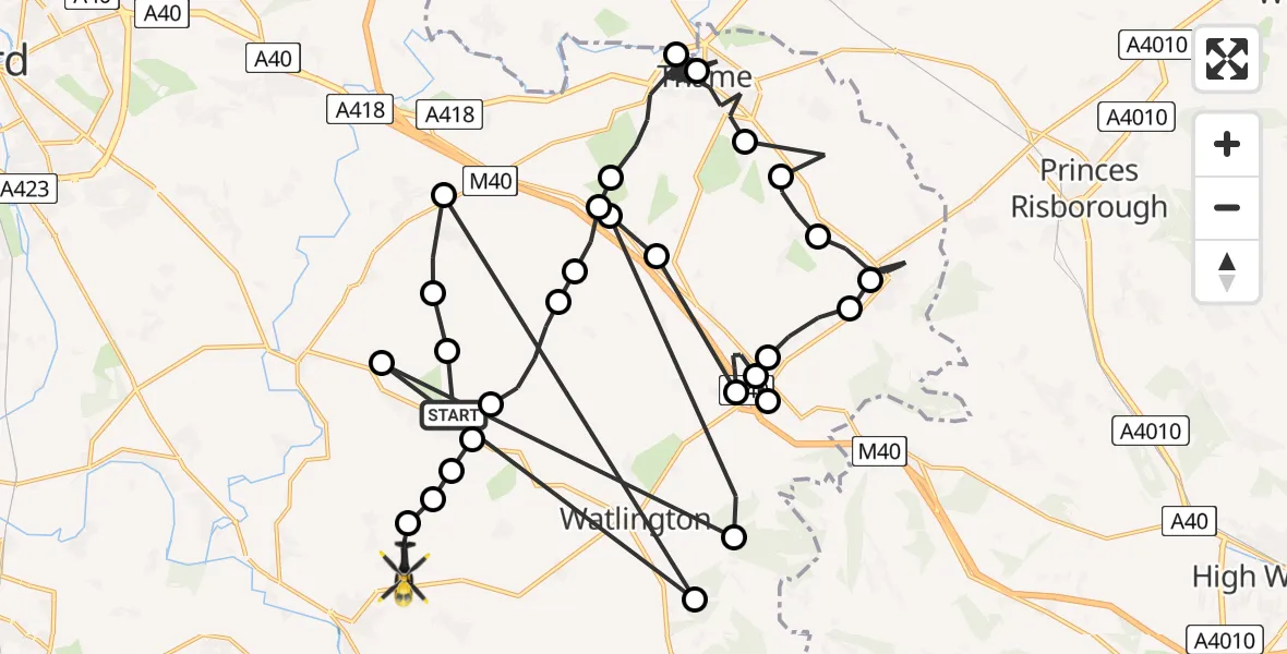 Flight path map showing Police Helicopter route from Chalgrove Airfield to Ewelme