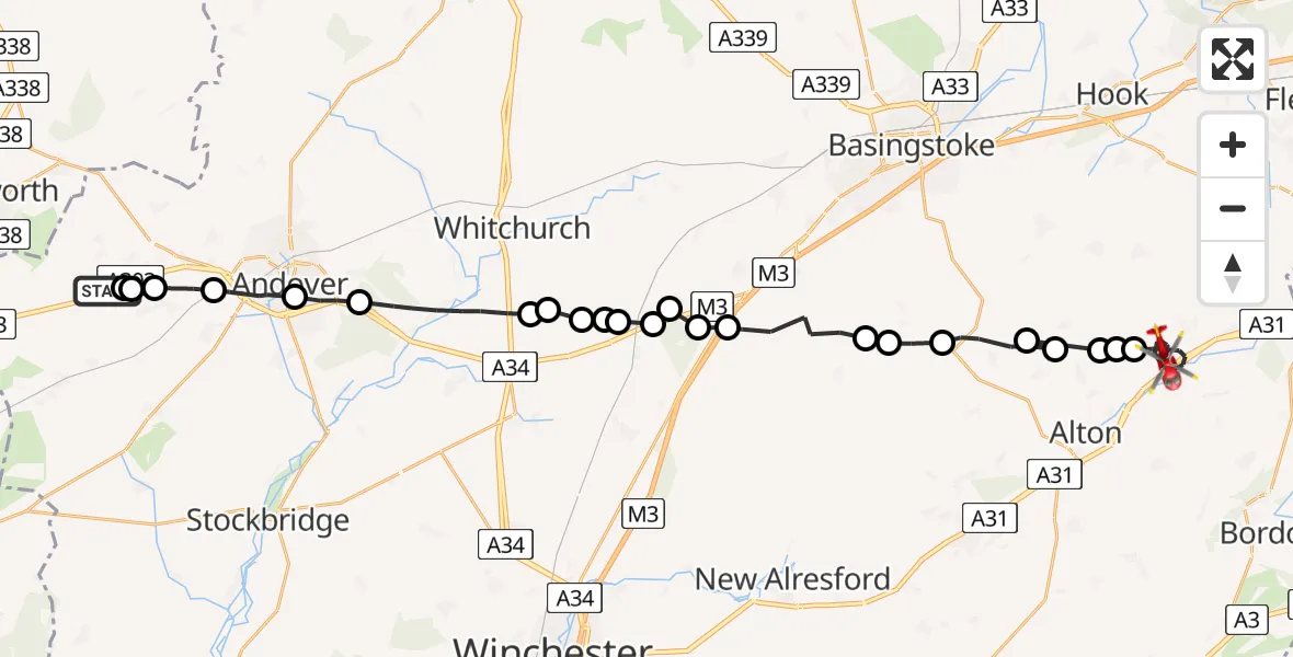 Flight path map showing Air Ambulance Helicopter route from Thruxton Aerodrome to Upper Froyle