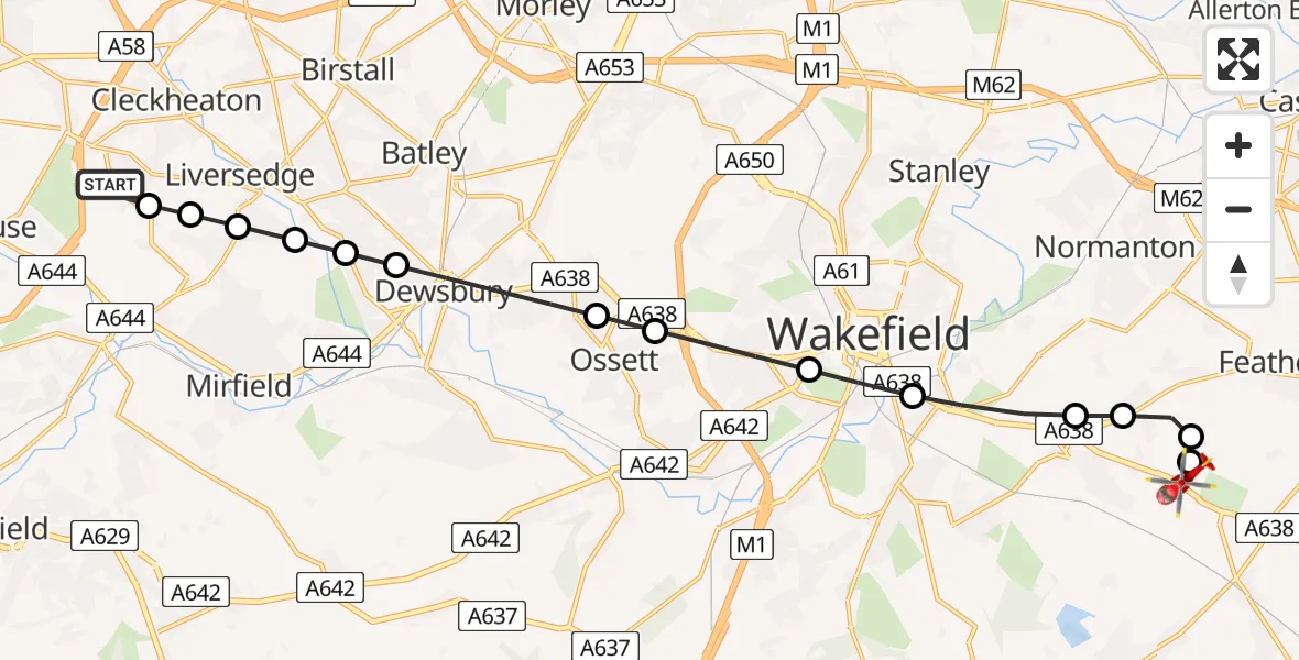 Flight path map showing Air Ambulance Helicopter route from Windy Bank to YAA Nostell Helicopter Port