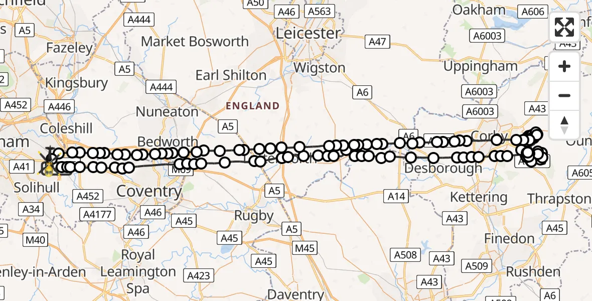 Flight route Police Helicopter Birmingham Airport - Birmingham Airport, 17 March 2026, 22:13