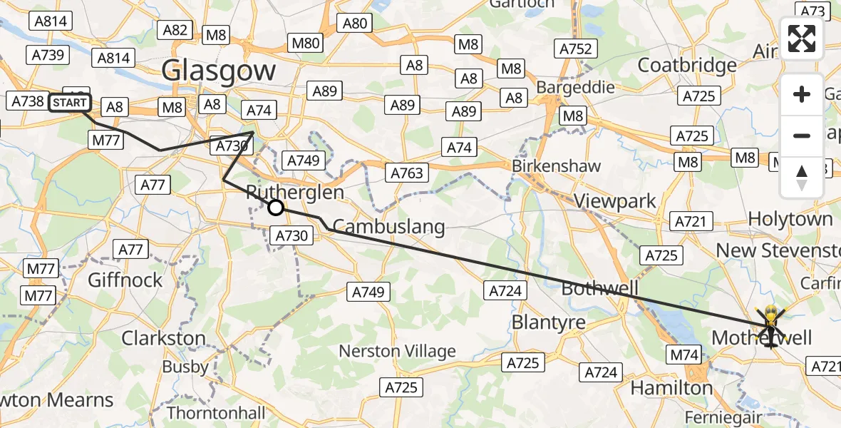 Flight path map showing Police Helicopter route from Glasgow to Motherwell