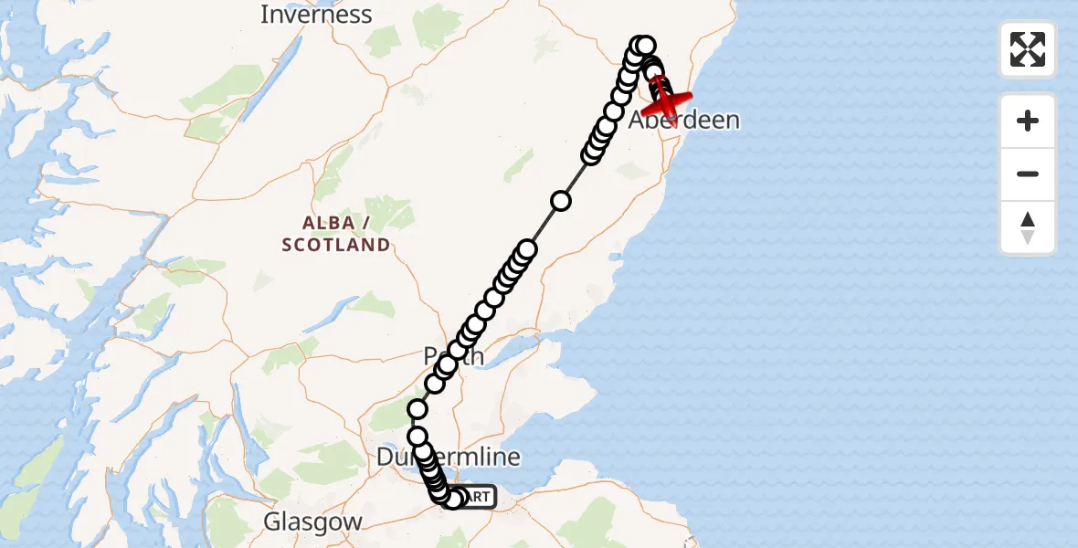 Flight path map showing Air Ambulance Aircraft route from Edinburgh Airport to Aberdeen International Airport