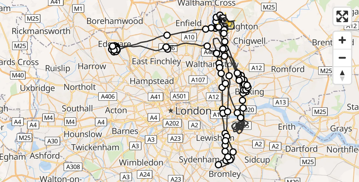 Flight path map showing Police Helicopter route from Metropolitan Police Air Support Unit Lippitts Hill to Metropolitan Police Air Support Unit Lippitts Hill