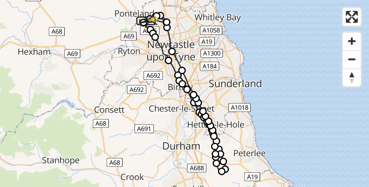 Flight path map showing Police Helicopter route from Newcastle International Airport to Newcastle International Airport