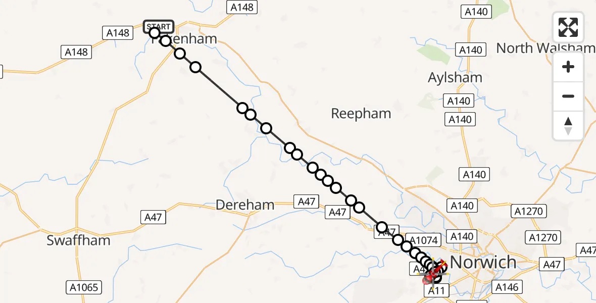 Flight path map showing Air Ambulance Helicopter route from Sculthorpe to Norfolk & Norwich Hospital