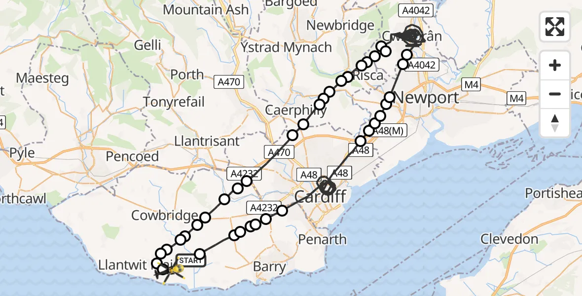 Flight path map showing Police Helicopter route from St Athan to MOD St Athan