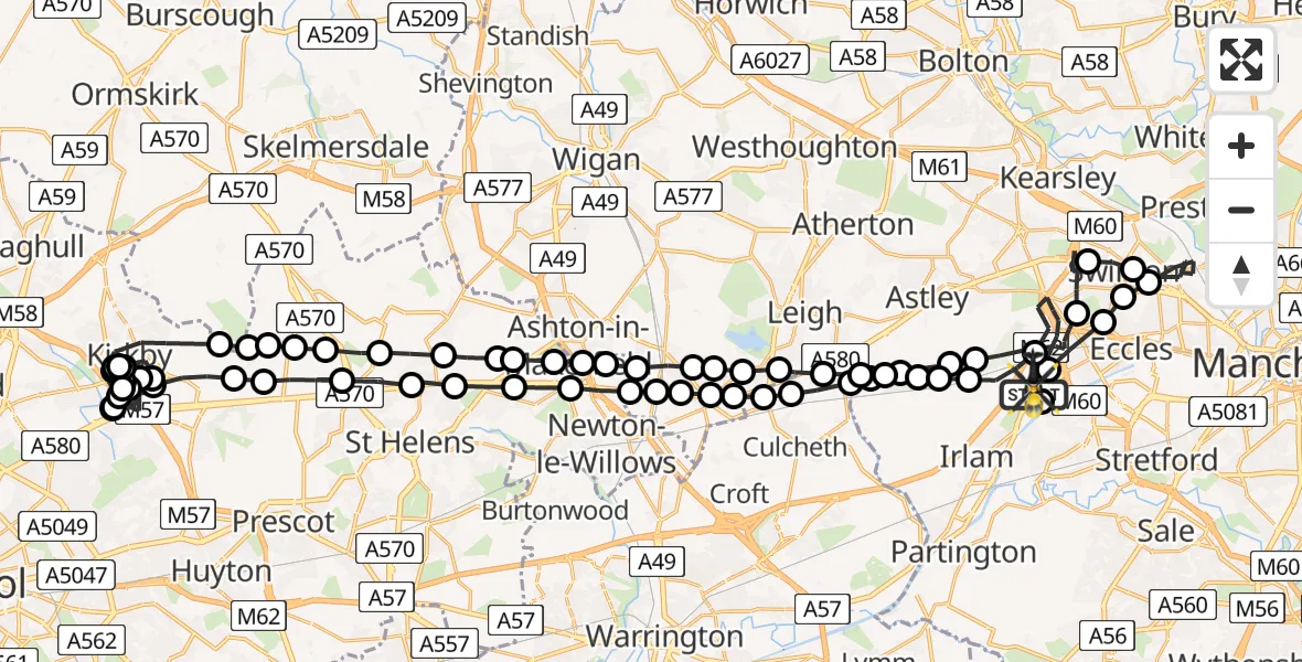 Flight path map showing Police Helicopter route from Manchester Barton Aerodrome to Manchester Barton Aerodrome