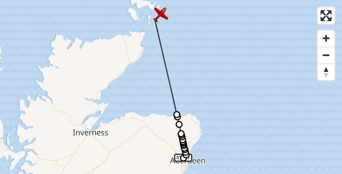 Flight path map showing Air Ambulance Aircraft route from Aberdeen International Airport to North Sea