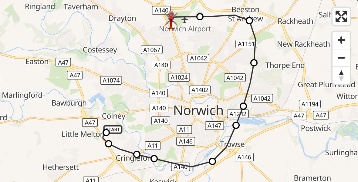 Flight path map showing Air Ambulance Helicopter route from Norfolk & Norwich Hospital to Norwich Airport