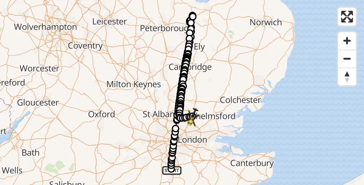 Flight path map showing Police Helicopter route from Salfords to North Weald Airfield