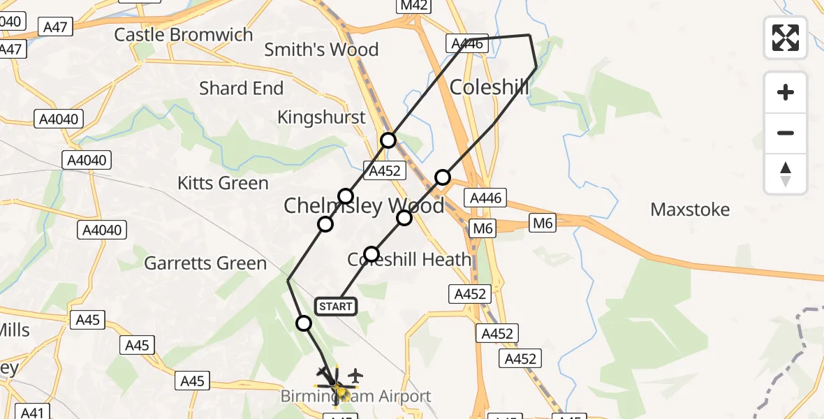 Flight path map showing Police Helicopter route from Marston Green to Birmingham Airport