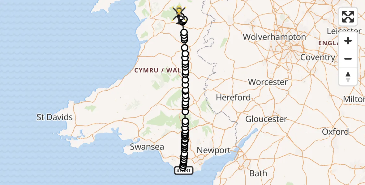 Flight path map showing Police Helicopter route from MOD St Athan to Llanwddyn