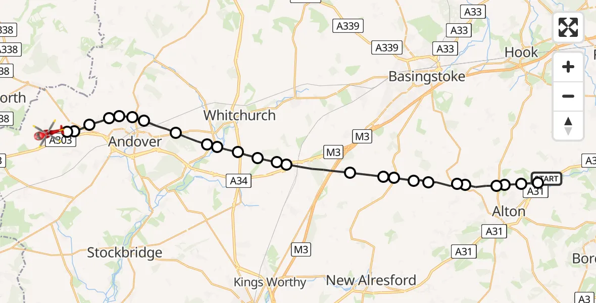Routekaart van de vlucht: Air Ambulance Helicopter to Thruxton, Thruxton Hill