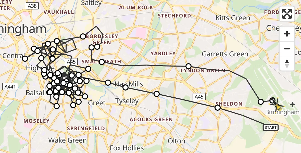Flight path map showing Police Helicopter route from Solihull to Birmingham Airport