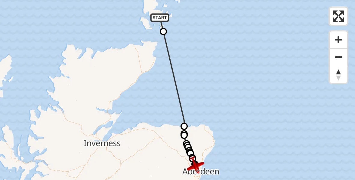 Flight path map showing Air Ambulance Aircraft route from North Atlantic Ocean to Aberdeen City