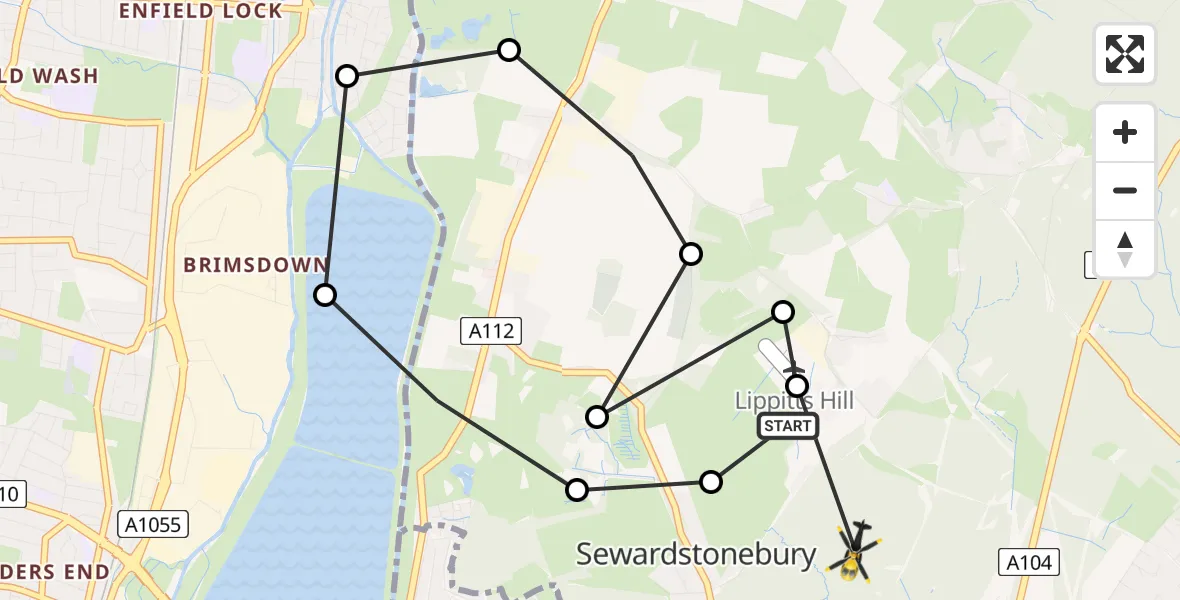 Flight path map showing Police Helicopter route from Metropolitan Police Air Support Unit Lippitts Hill to Sewardstonebury