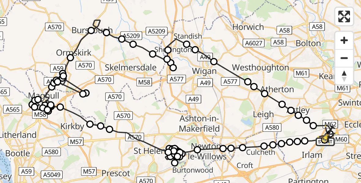 Flight path map showing Police Helicopter route from Manchester Barton Aerodrome to Manchester Barton Aerodrome