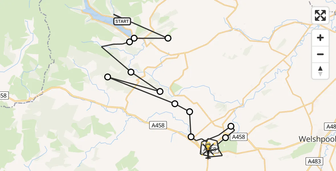 Flight path map showing Police Helicopter route from Llanwddyn to Llanfair Caereinion