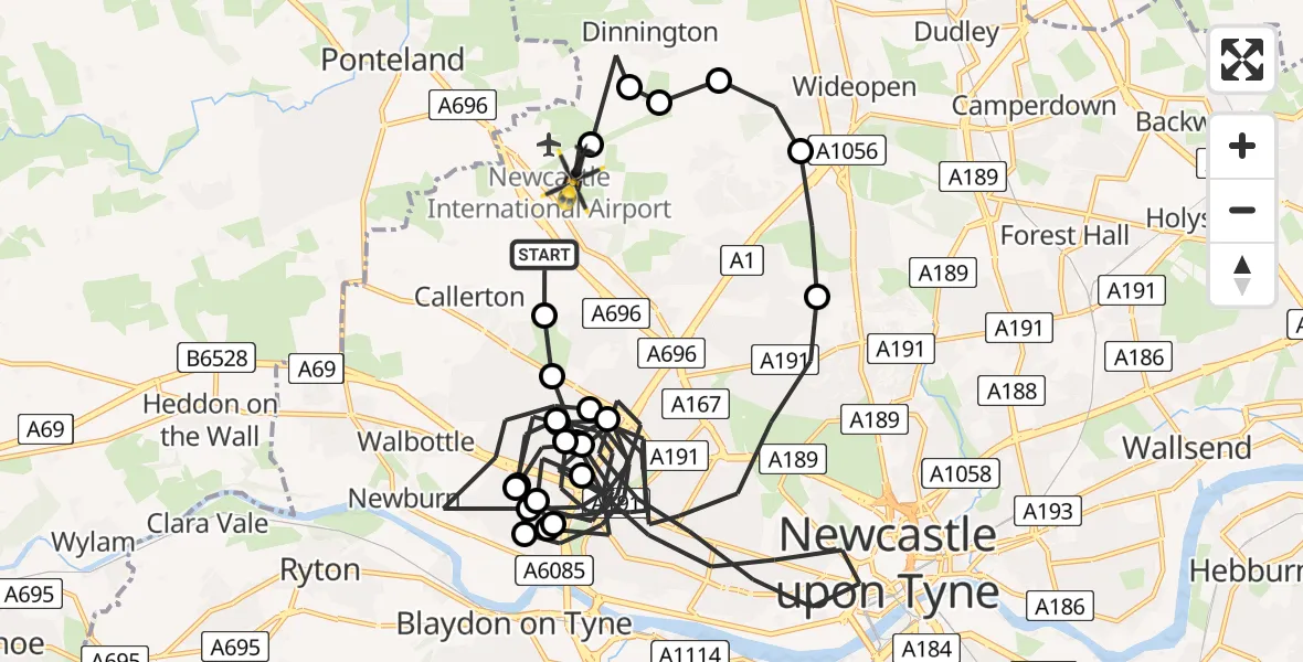 Flight path map showing Police Helicopter route from Callerton to Newcastle upon Tyne