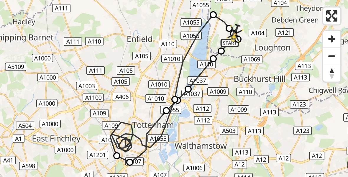 Flight path map showing Police Helicopter route from Sewardstonebury to Sewardstonebury