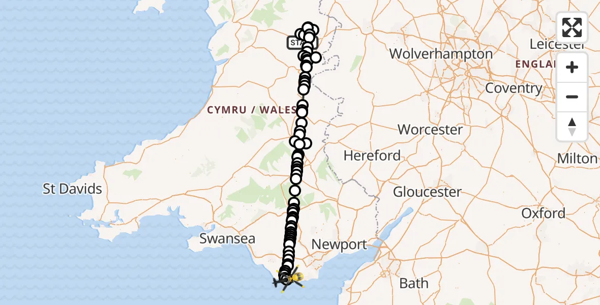 Flight path map showing Police Helicopter route from Llanfair Caereinion to MOD St Athan