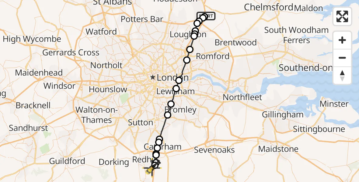 Flight path map showing Police Helicopter route from Coopersale to South Nutfield