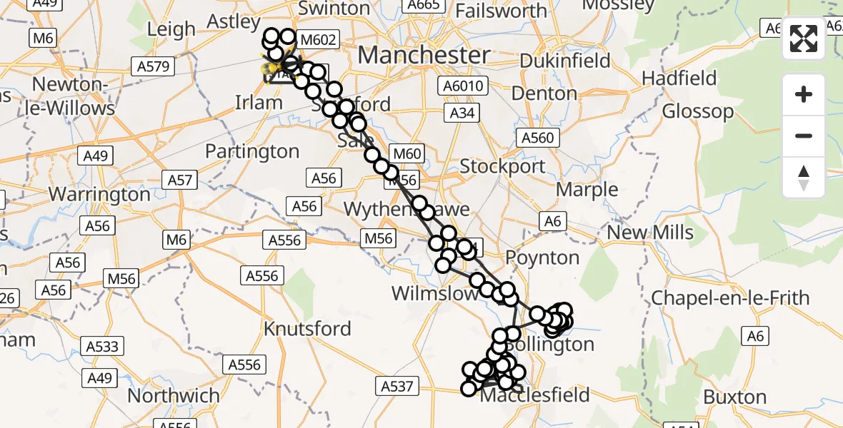 Routekaart van de vlucht: Police Helicopter to Worsley, Twelve Yards Road