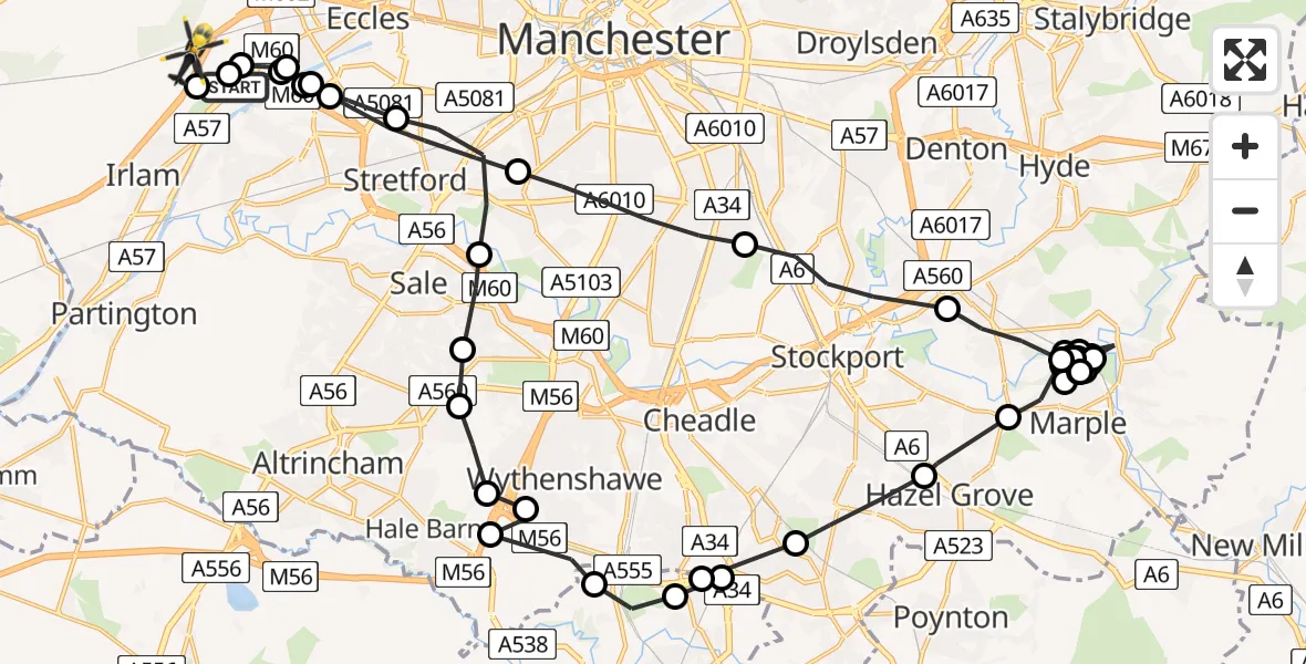 Flight path map showing Police Helicopter route from Manchester Barton Aerodrome to Irlam