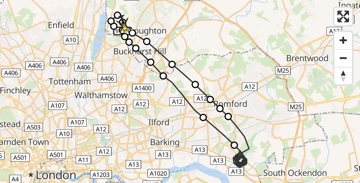 Flight path map showing Police Helicopter route from Sewardstonebury to Metropolitan Police Air Support Unit Lippitts Hill