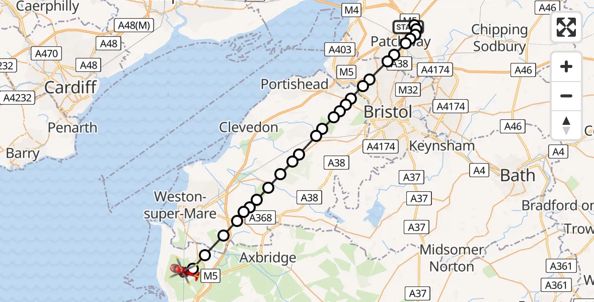 Routekaart van de vlucht: Air Ambulance Helicopter to Brent Knoll, Wick Lane