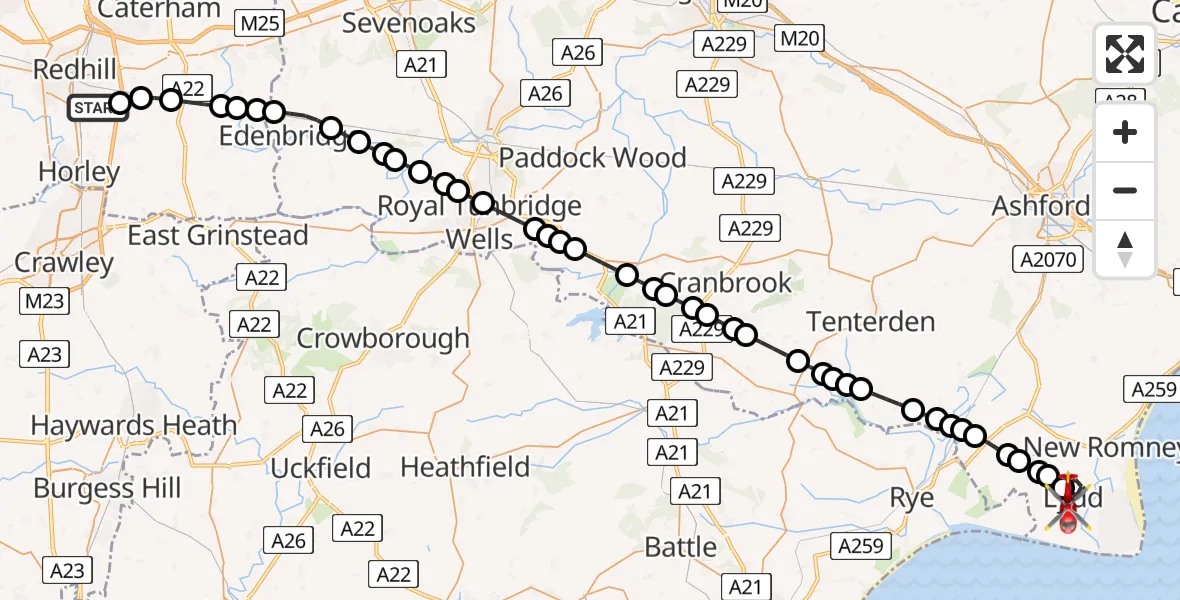 Flight path map showing Air Ambulance Helicopter route from Redhill Aerodrome to Lydd
