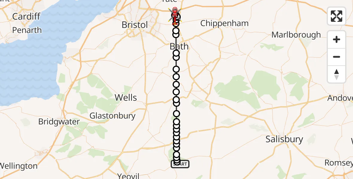 Flight path map showing Air Ambulance Helicopter route from Henstridge Airfield to Dyrham